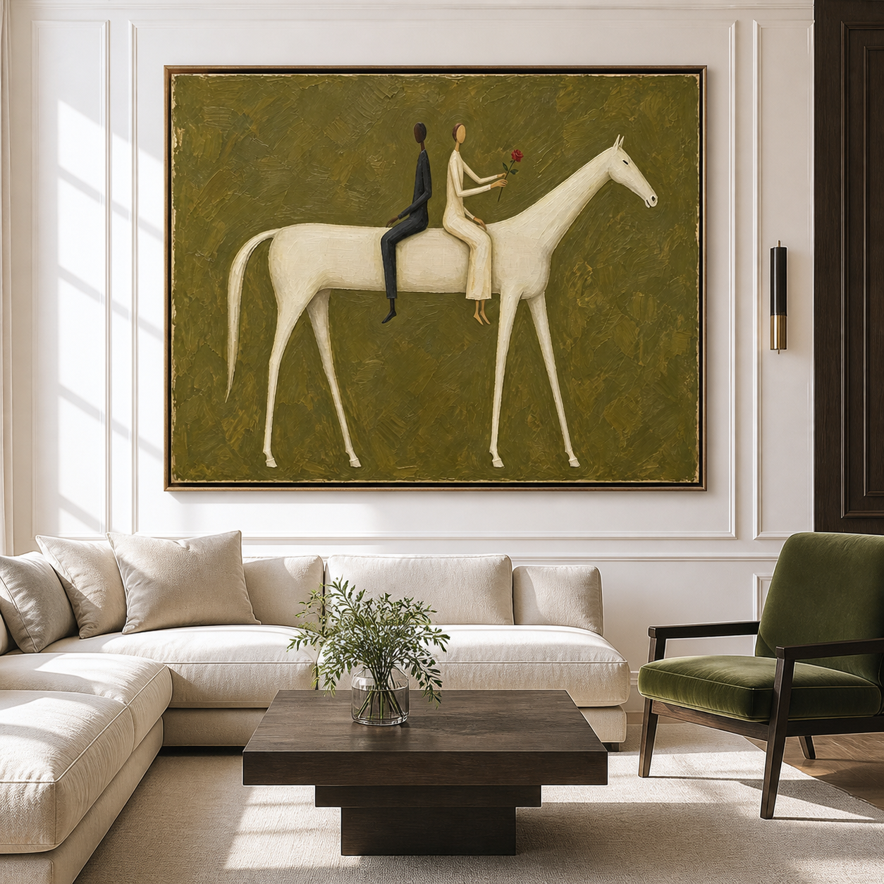 Vintage Americana couple horse art featuring two riders seated back to back on a white horse, with one holding a red rose against an olive green background.