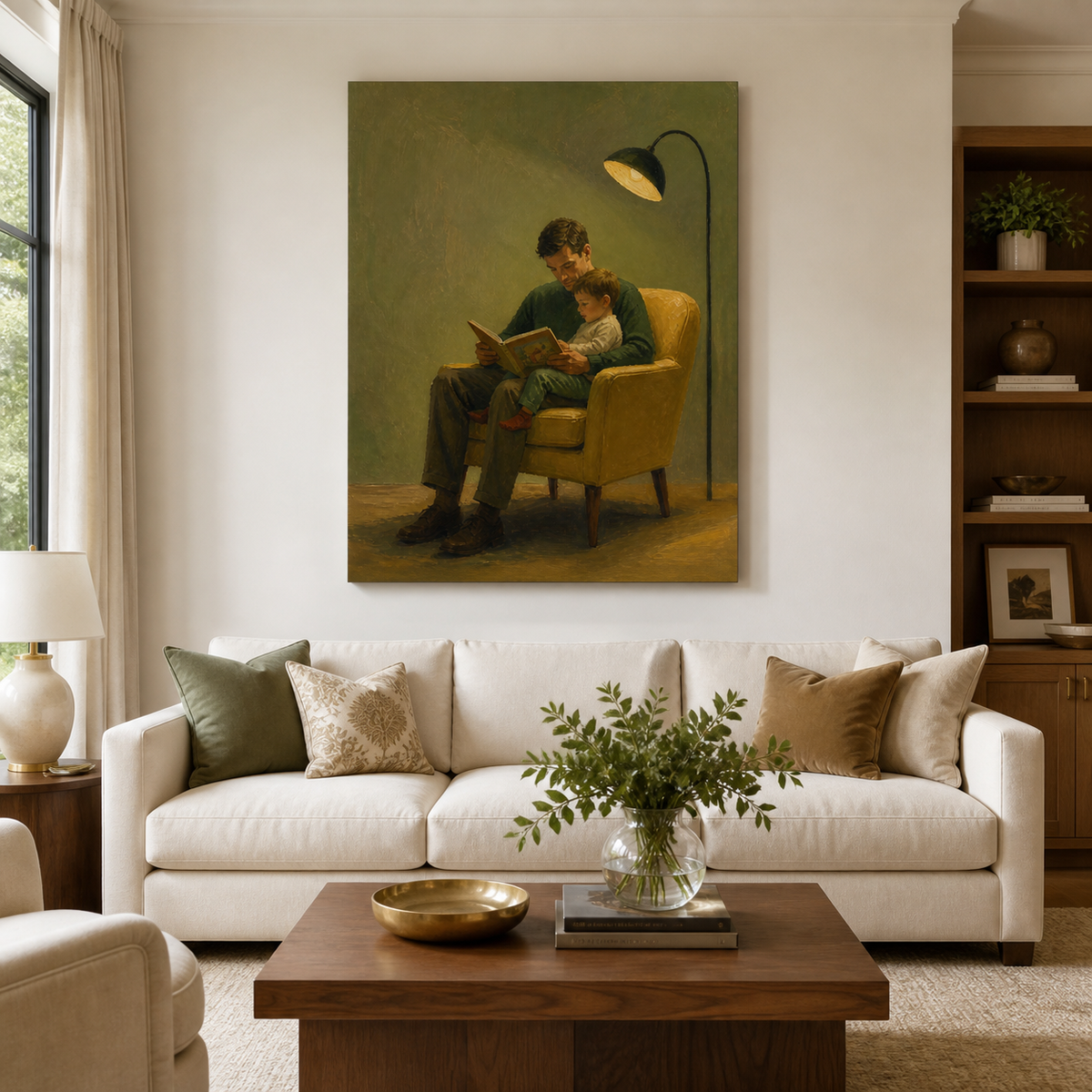 Father and son reading wall art featuring a parent sharing an illustrated storybook with a child in a mustard yellow armchair.