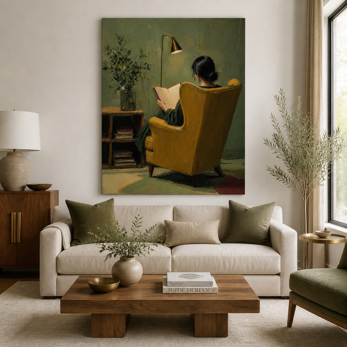 Woman reading wall art showing the back view of a reader in a mustard yellow chair beneath a brass lamp against an olive green wall.