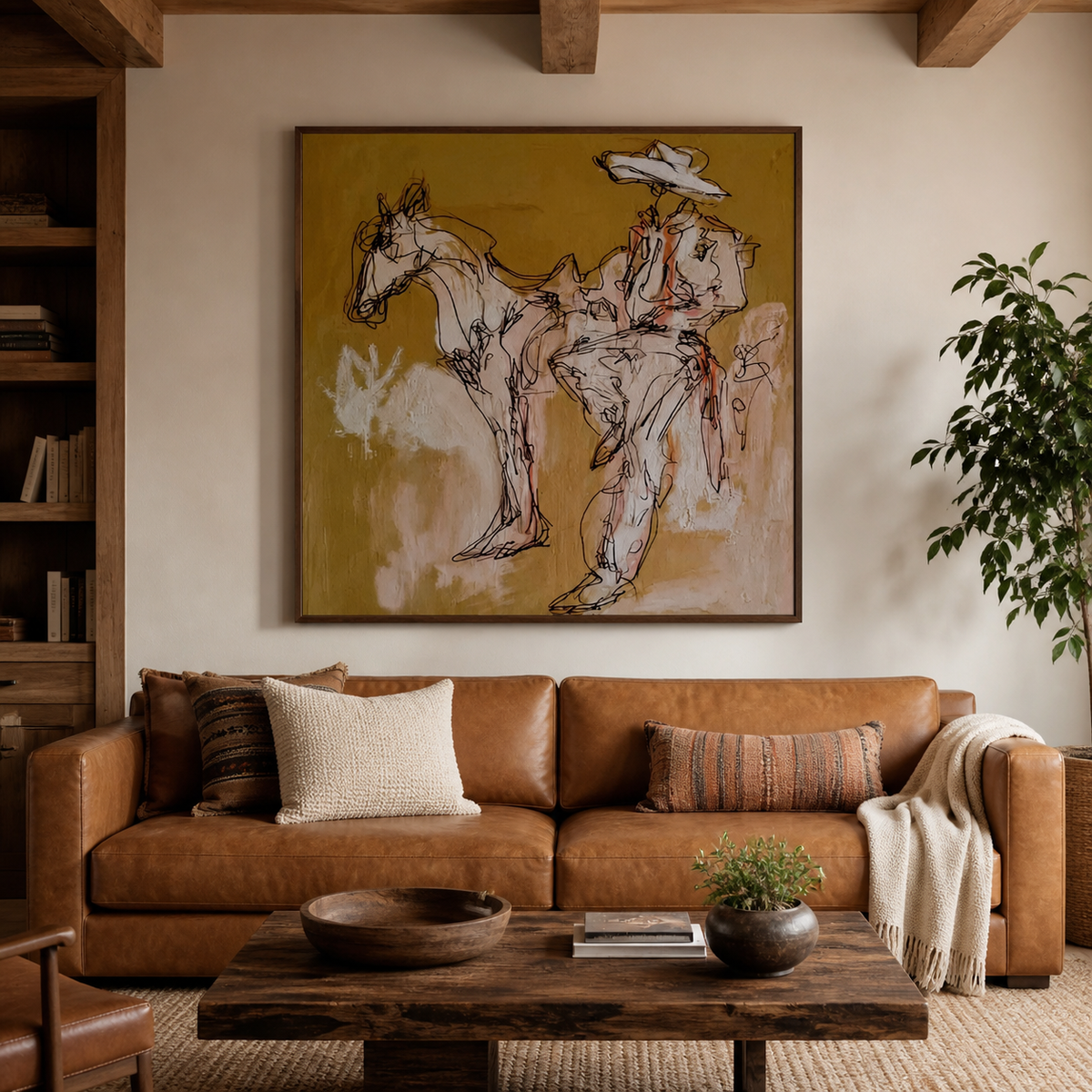 Cowboy Riding Horse Wall Art – Neutral Sketch Style Western Artwork