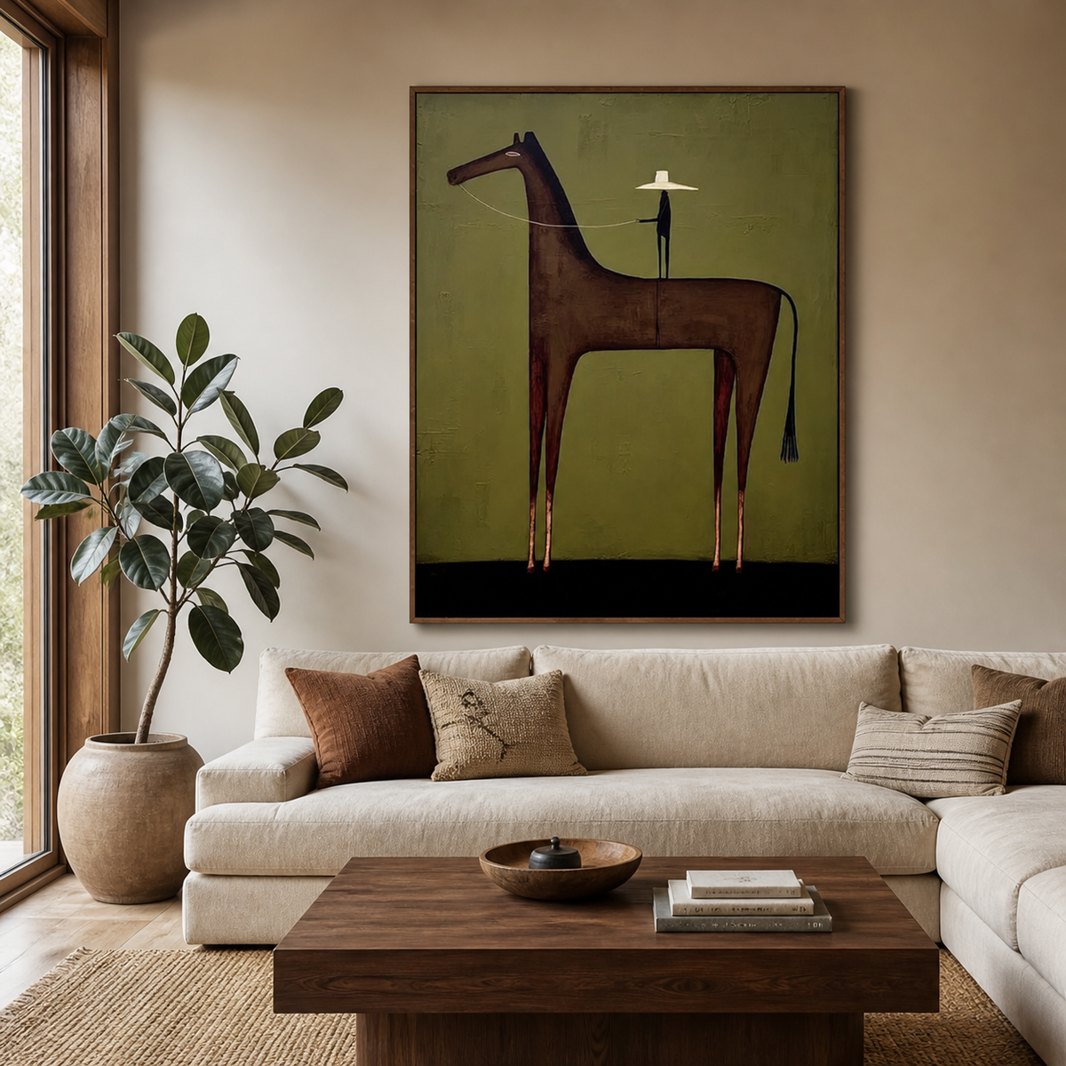 Vertical Western horse wall art with a dark brown horse and cowboy figure against an olive-green background above a sofa.