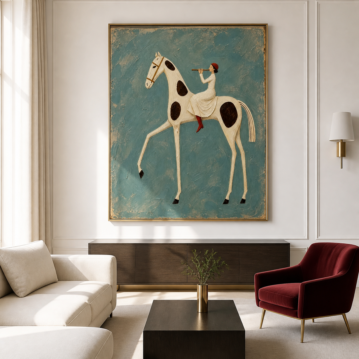 Vintage Americana musical horse art featuring a woman playing a flute while riding a white and brown spotted horse against a textured blue background.