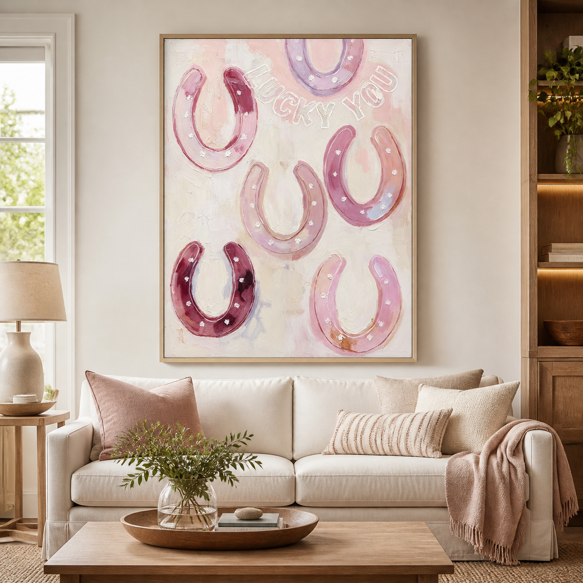 Pink Lucky You wall art with six blush and burgundy horseshoes in a vertical wood frame above a cream sofa