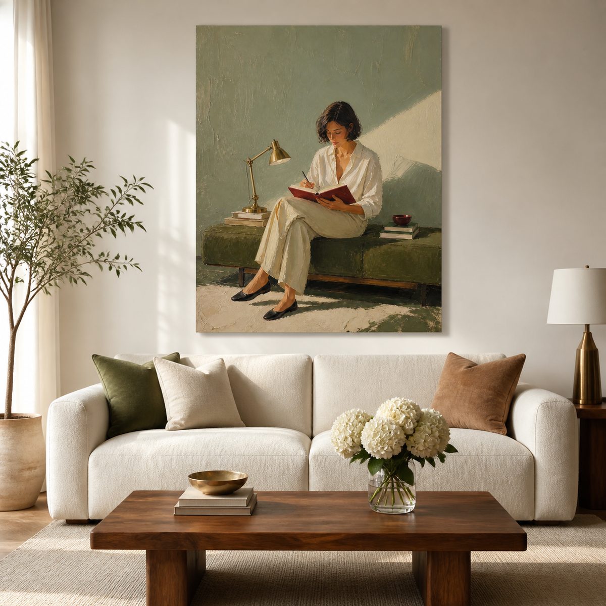 Woman writing wall art featuring a figure in white clothing journaling in a burgundy notebook beside books and a brass desk lamp.