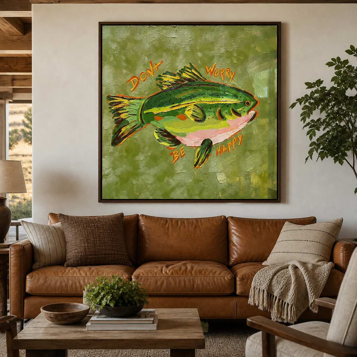 Green fish wall art with orange Don’t Worry Be Happy lettering displayed above a brown leather sofa.