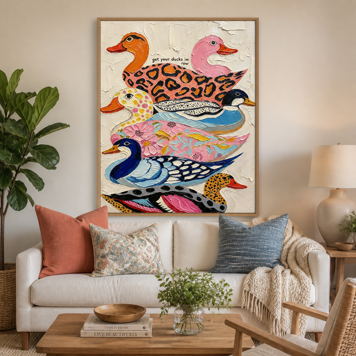 Colorful duck wall art with four patterned birds stacked vertically displayed above a neutral sofa.