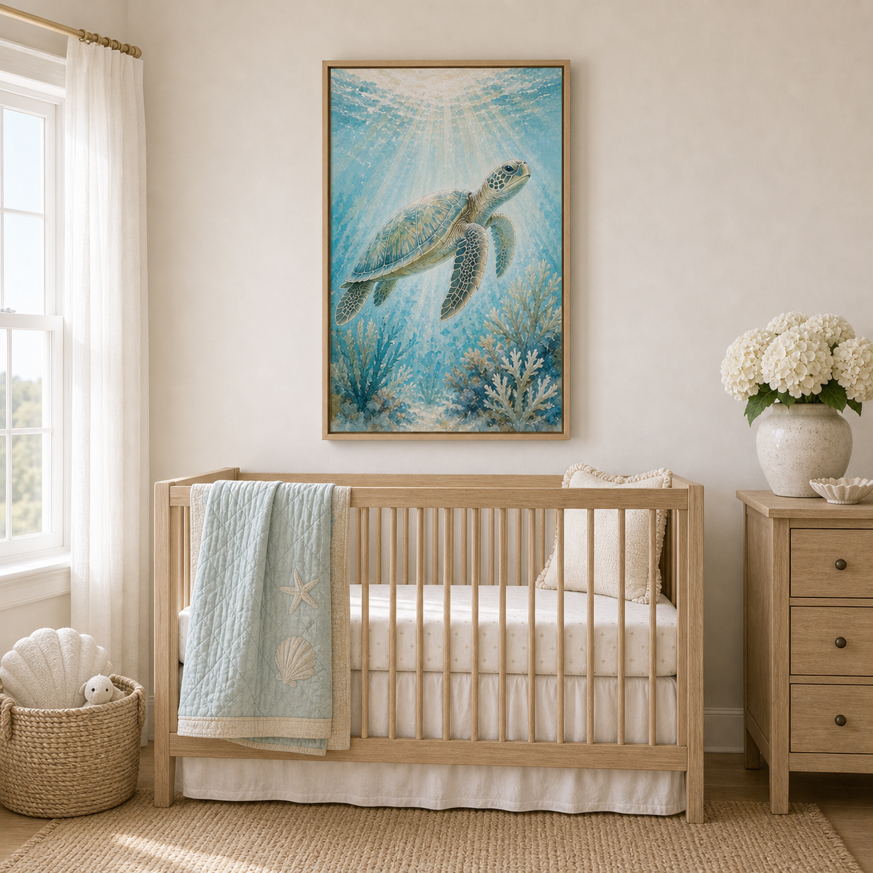 Hand-Textured Sea Turtle Underwater Wall Art