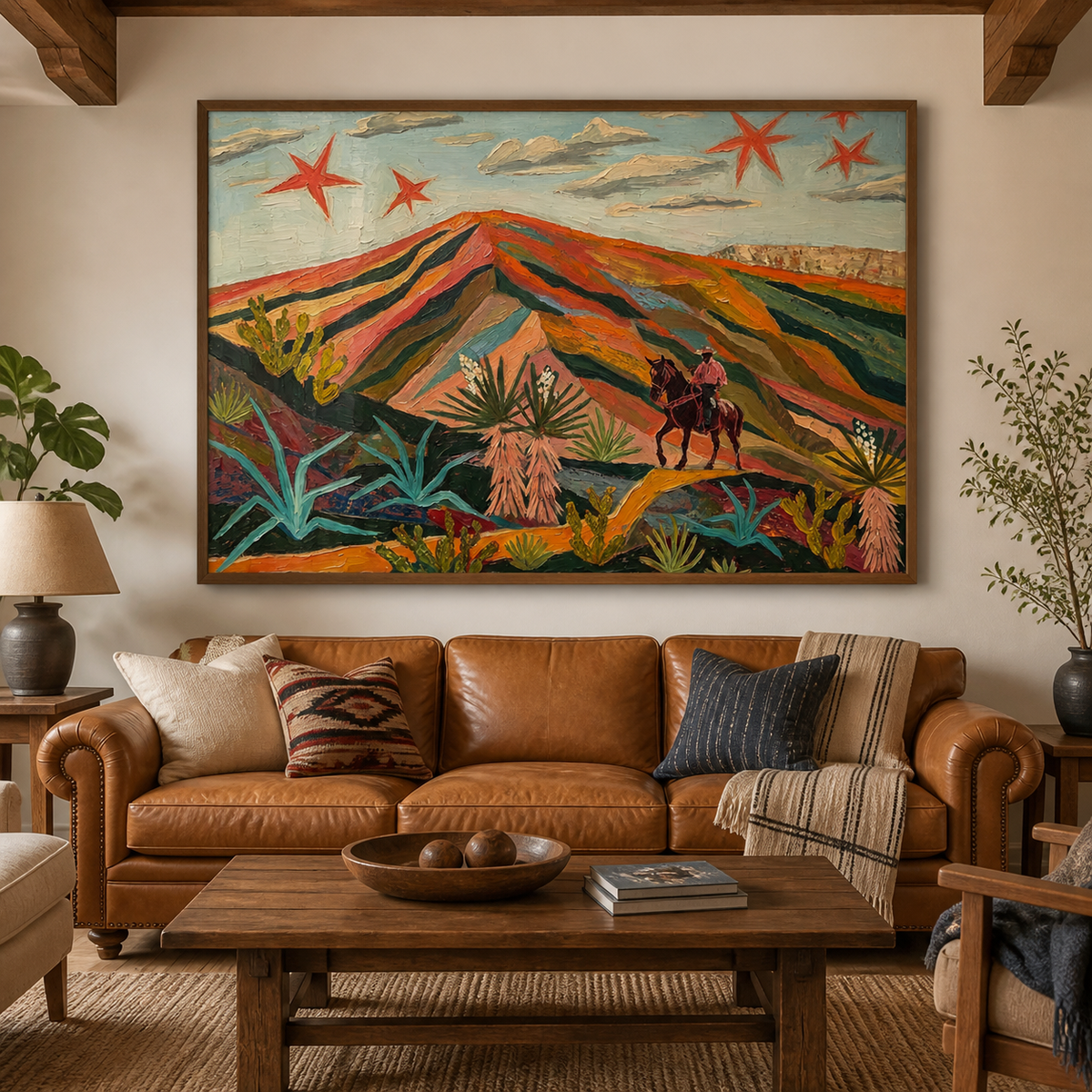 Colorful Western desert wall art with a lone cowboy, cactus plants, striped mountains and red stars. Horizontal Southwestern artwork for living rooms and ranch homes.