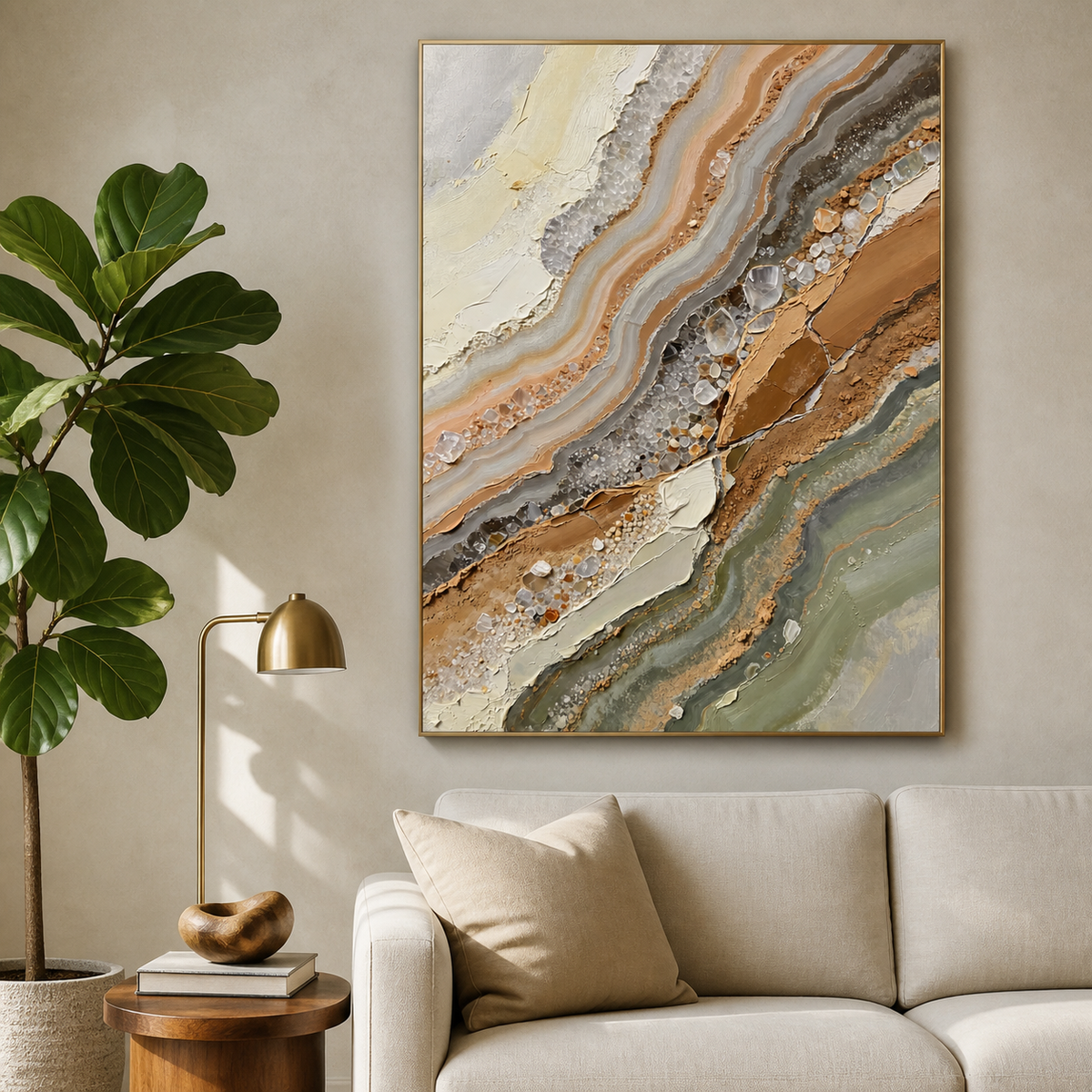 Neutral geode-inspired textured wall art in beige, brown, gray and sage displayed above a modern living room sofa.