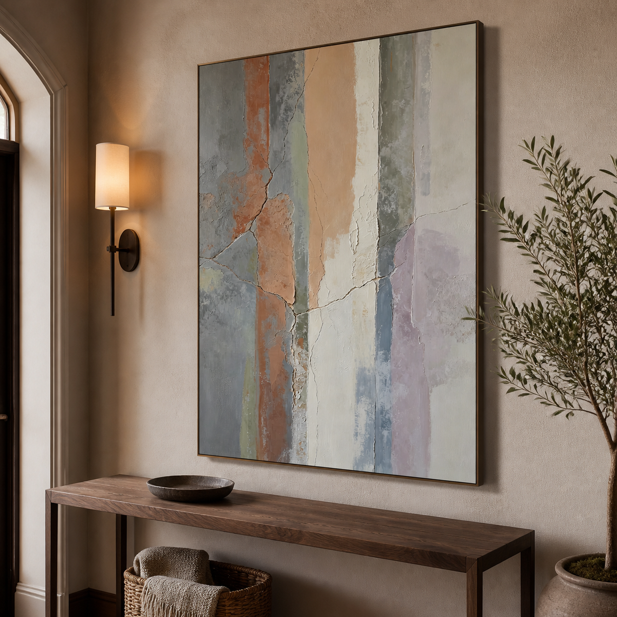 Neutral Textured Wall Art – Beige Gray Vertical Geometric Abstract Artwork