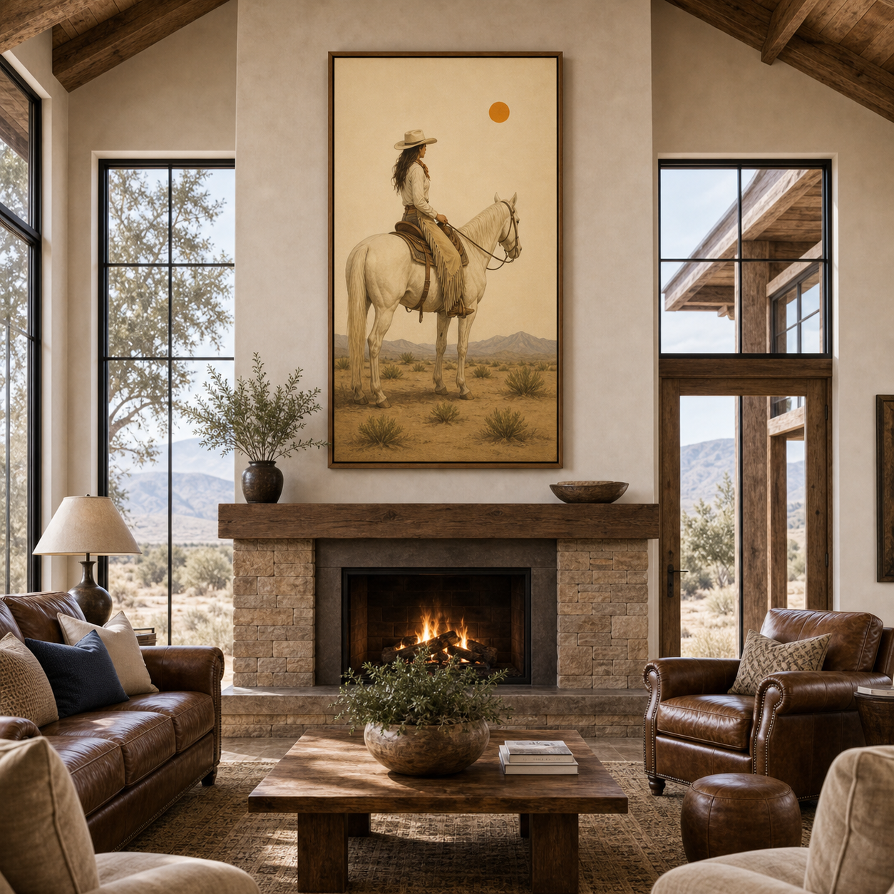 Beyond the Horizon | Hand-Painted Cowgirl on Horse Wall Art | Minimalist Western Oil Painting