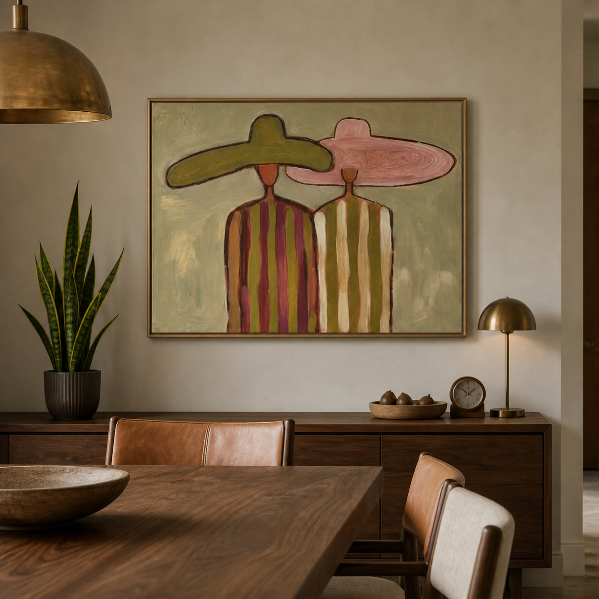 Horizontal Western wall art of two cowboys in olive and pink hats displayed above a neutral living room sofa.