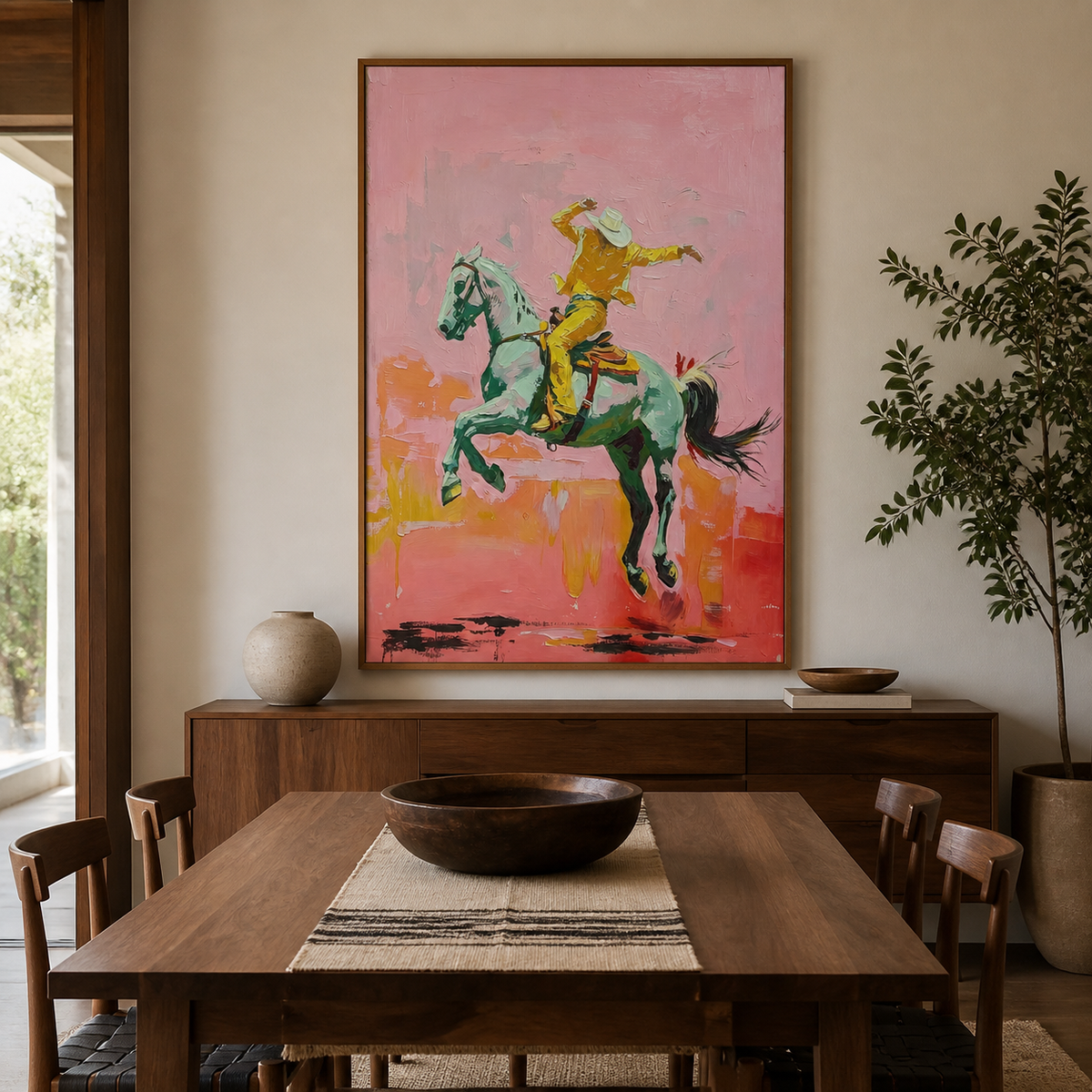 Cowboy riding a rearing green horse on vivid pink Western wall art above a leather sofa