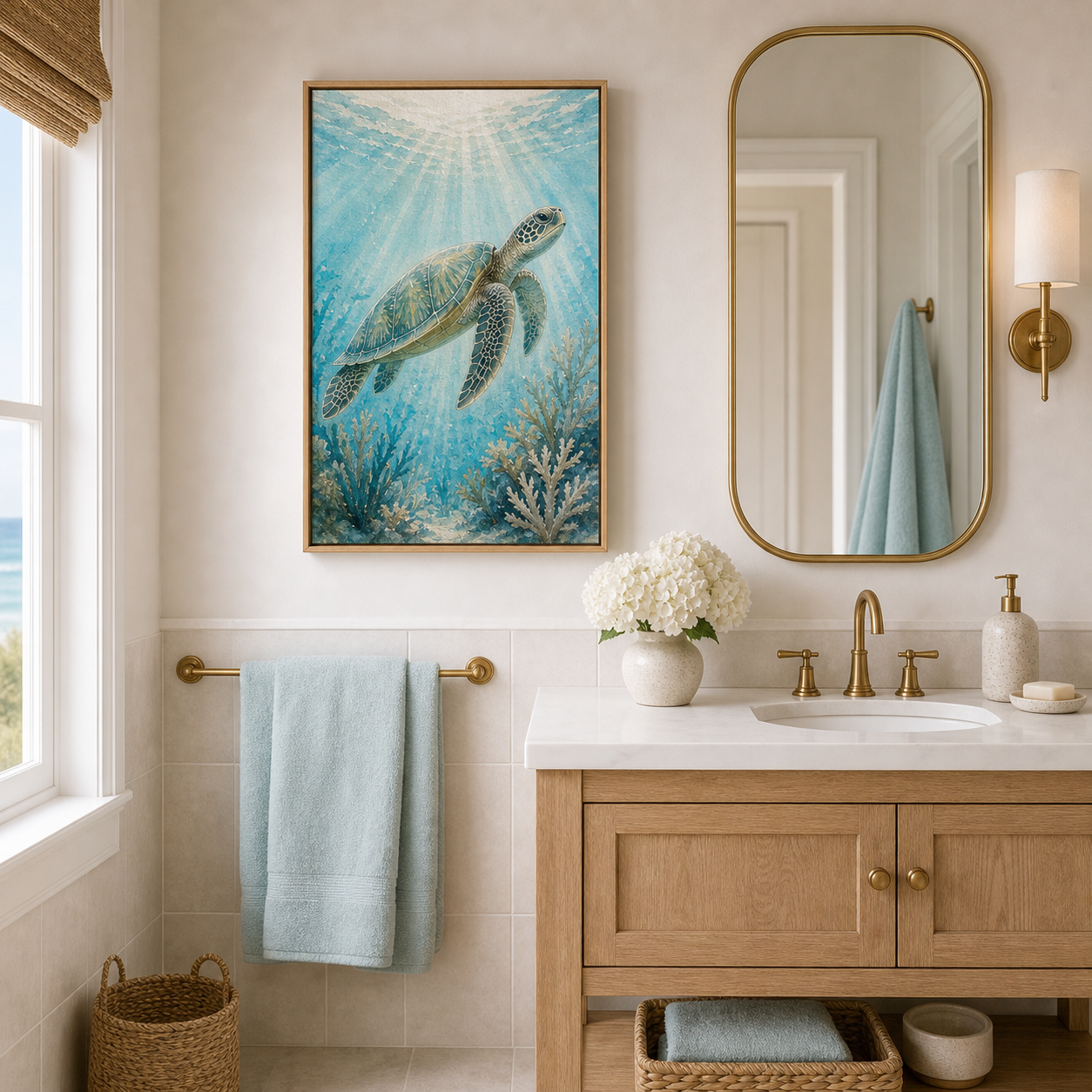 Hand-Textured Sea Turtle Underwater Wall Art