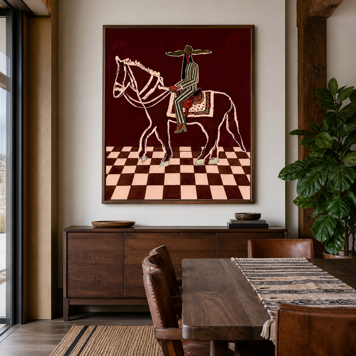 Skeleton cowboy wall art with a rider on a white skeletal horse displayed above an entryway console.