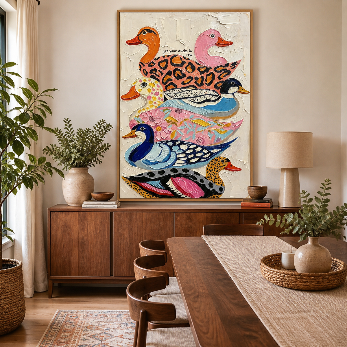 Colorful duck wall art with four patterned birds stacked vertically displayed above a neutral sofa.