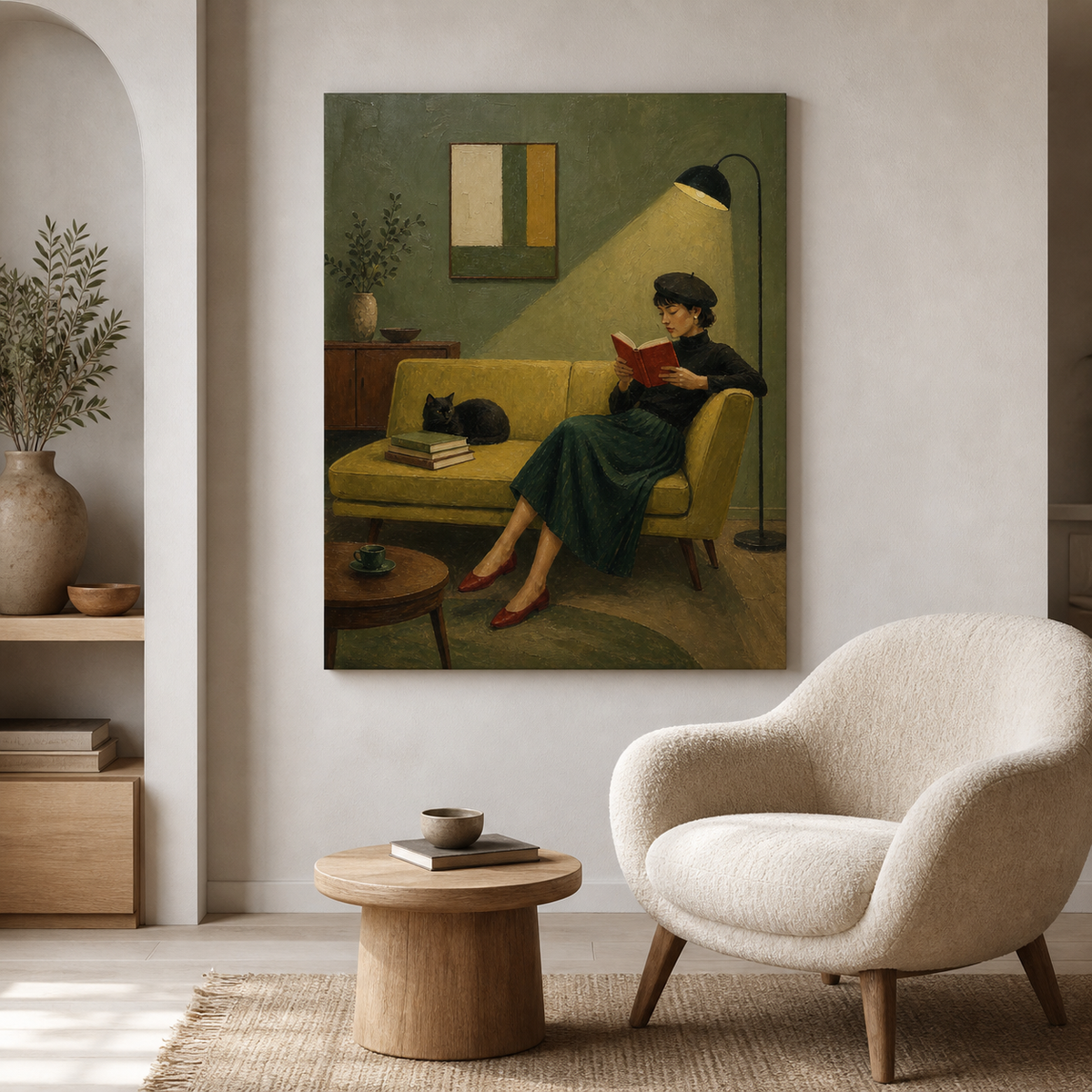 Woman reading with cat wall art featuring a reader holding a red book on a mustard yellow sofa beside a black cat and stacked books.