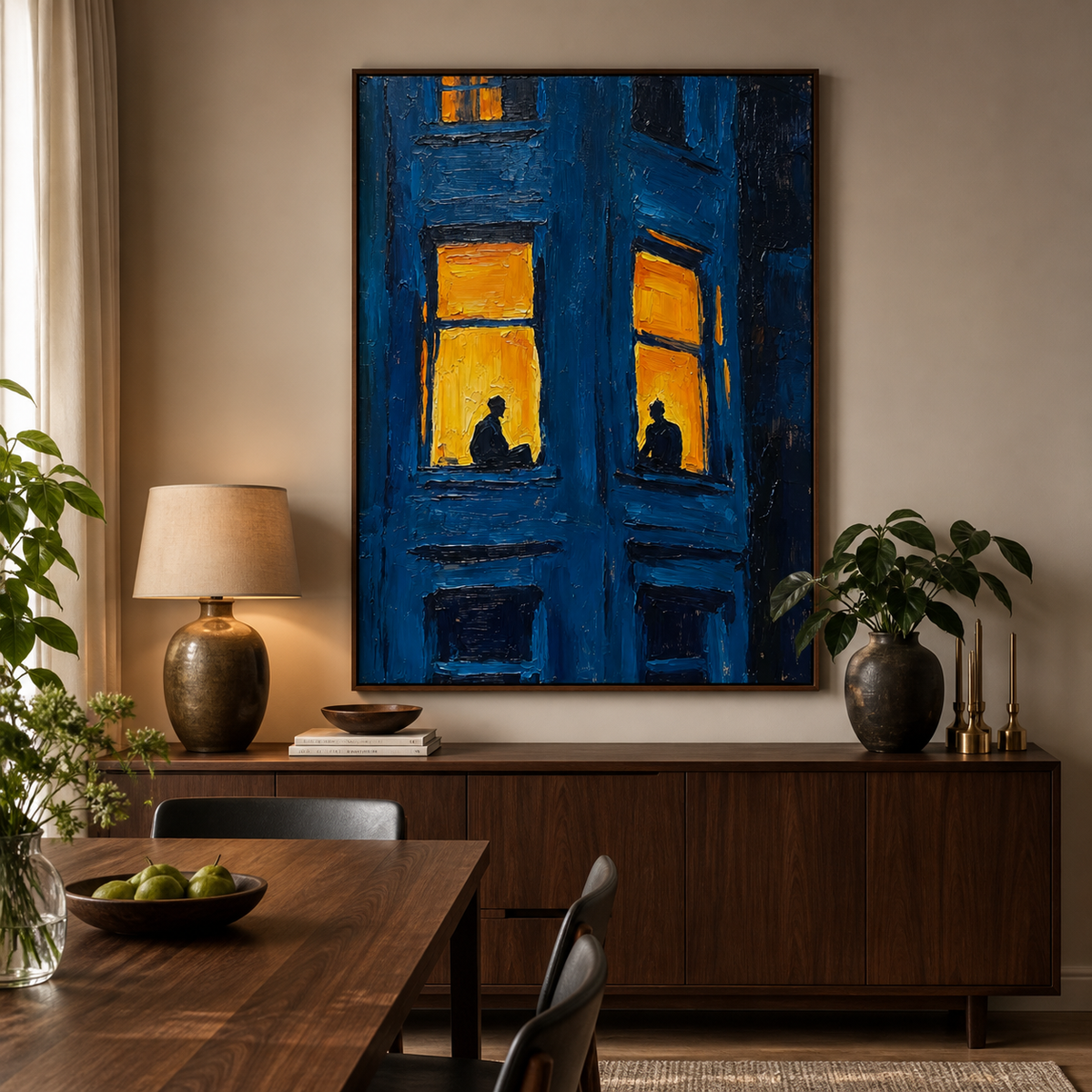 Moody blue window wall art with two silhouetted people in glowing yellow windows displayed above a sofa.