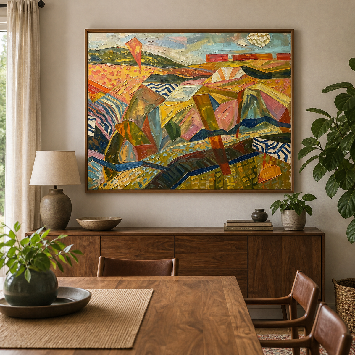 Colorful geometric mountain landscape wall art displayed above a neutral living room sofa.
