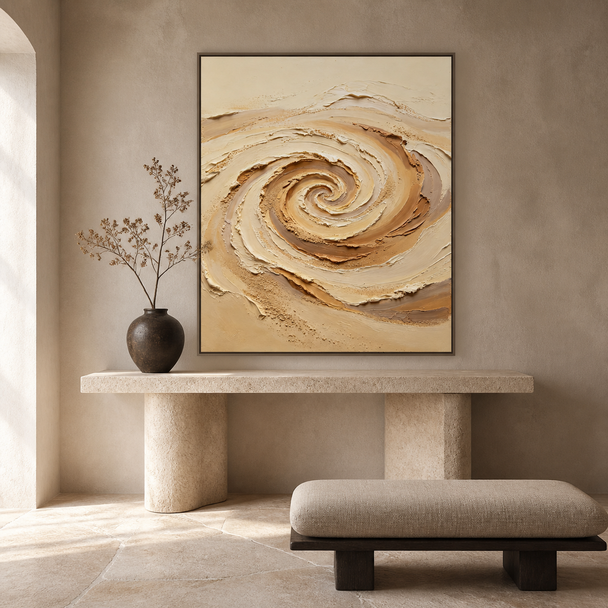Neutral textured wall art featuring a raised beige, ivory, and taupe spiral with sand-like granular details.