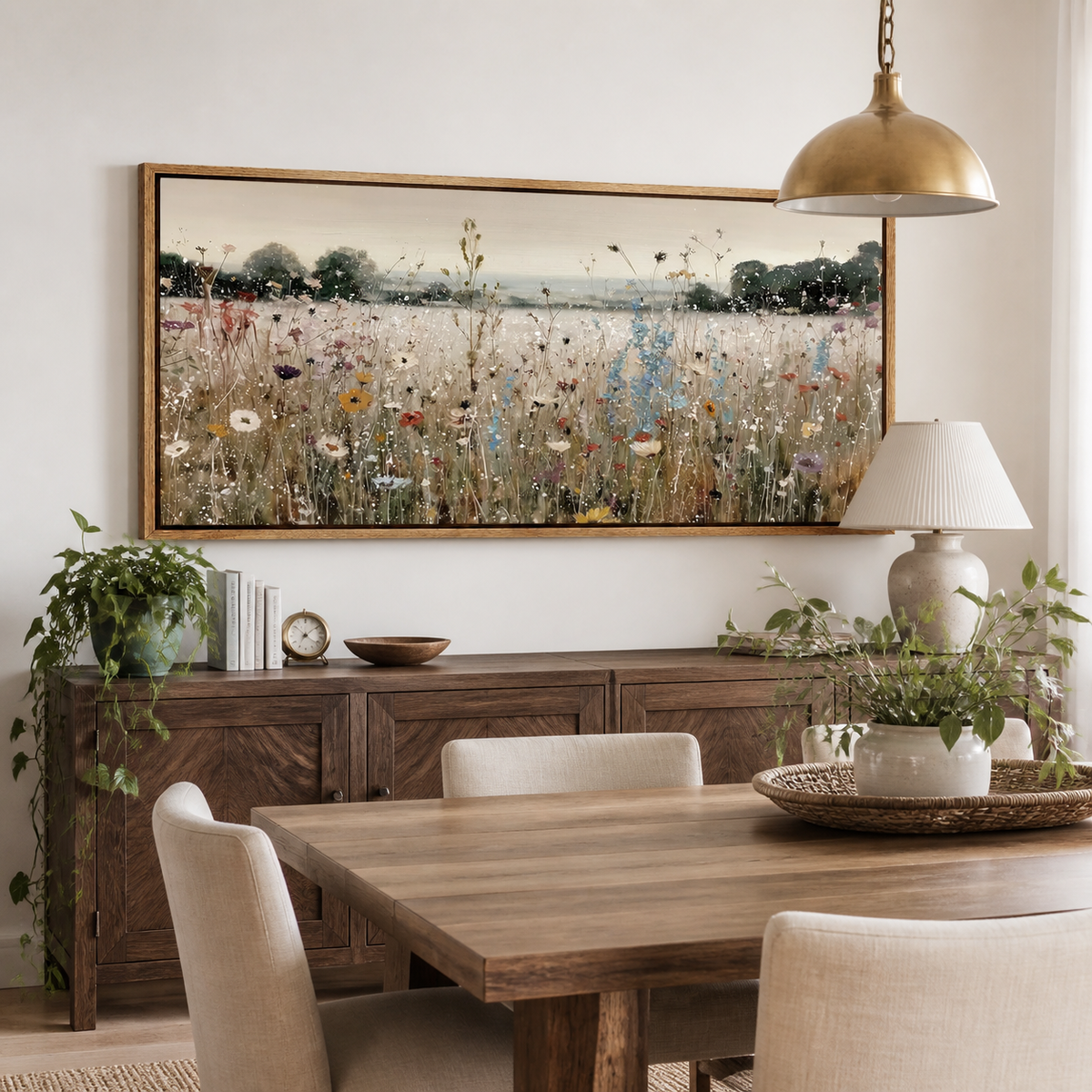 Panoramic wildflower meadow wall art with white, blue and coral flowers displayed above a neutral living room sofa.