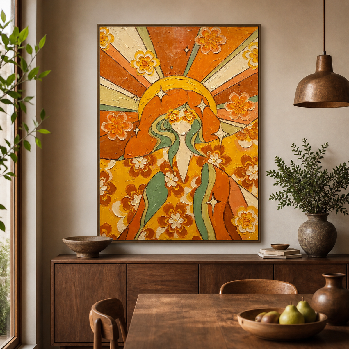 Retro woman wall art with orange sunburst rays, cream flowers and flowing green hair displayed above a curved sofa.