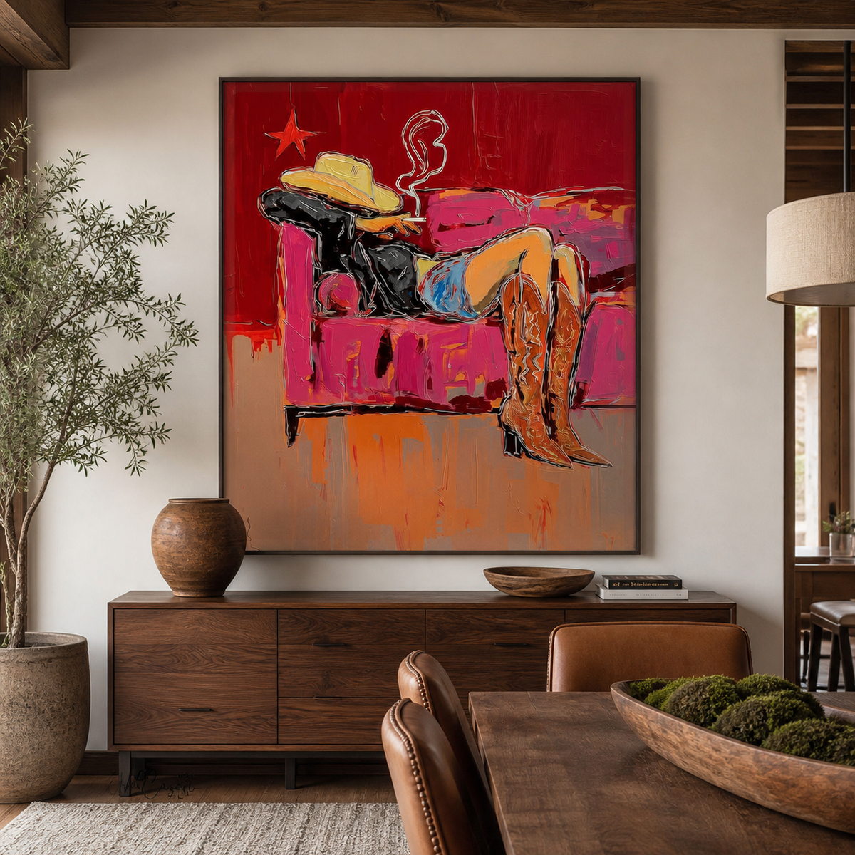 Reclining cowgirl wall art with a woman in a cowboy hat and brown boots resting on a pink sofa above an entryway console.