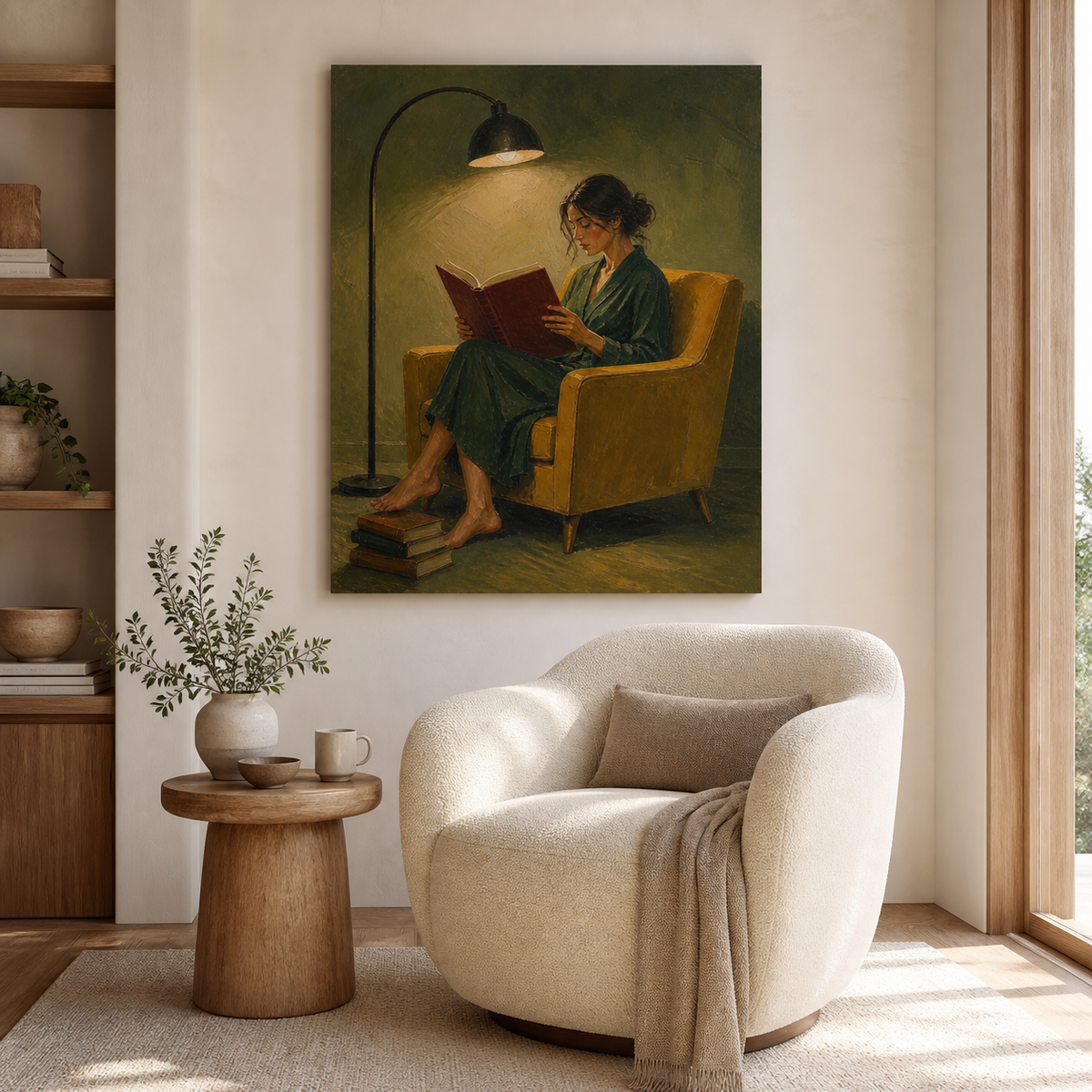 Woman reading wall art featuring a reader in a green dress seated in a mustard yellow armchair beneath a curved floor lamp.