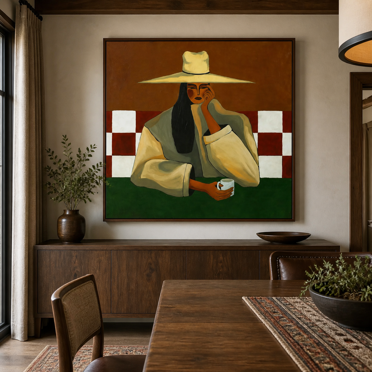 Seated cowboy wall art with a cream hat and coffee cup displayed above a wooden entryway console.