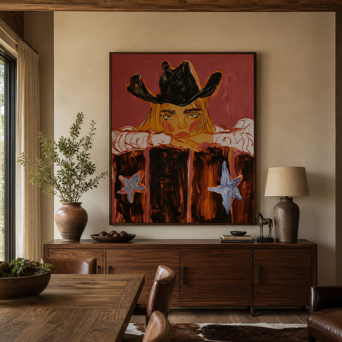 Cowgirl portrait wall art showing a blonde woman resting beneath a black cowboy hat on a red background above an entryway console.