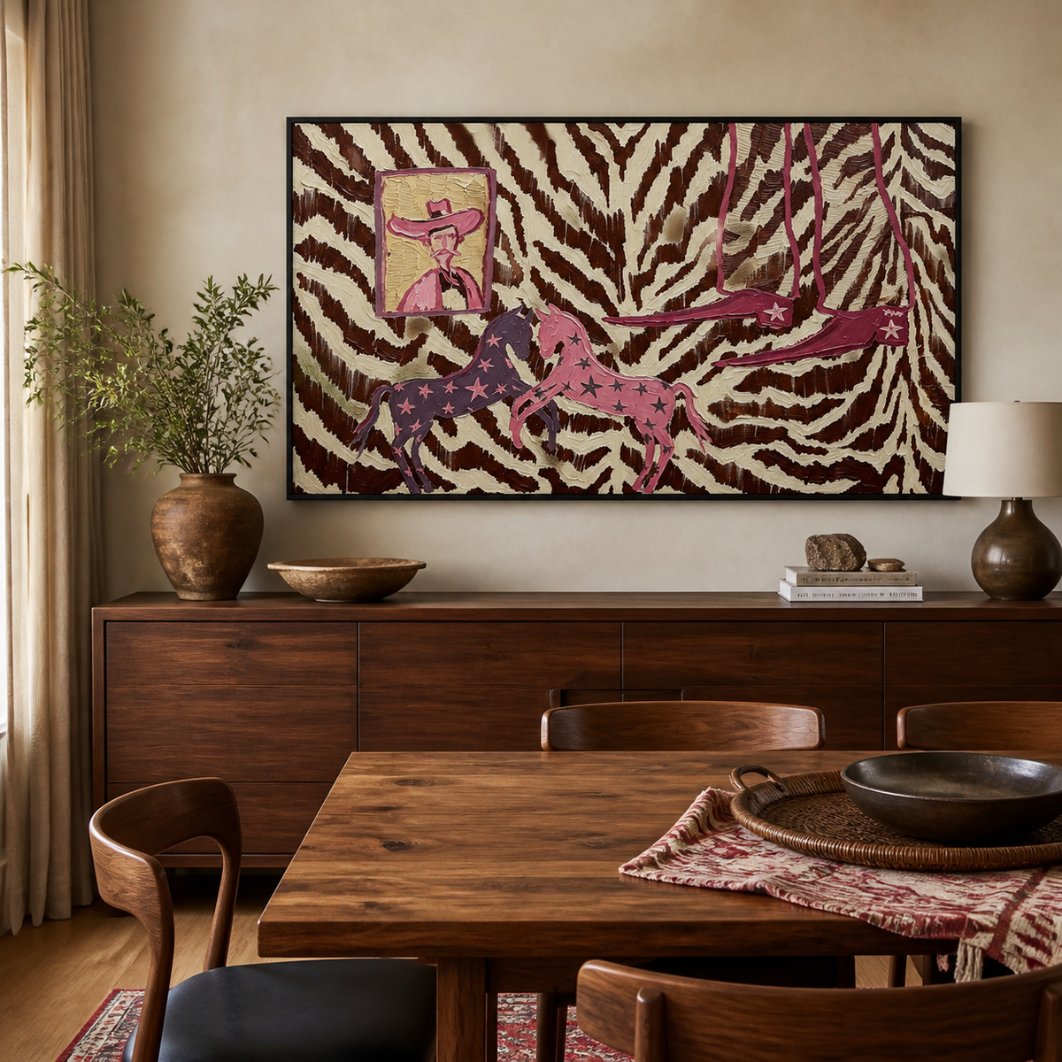 Panoramic pink horse wall art with two running horses on a brown zebra-print background displayed above a leather sofa.