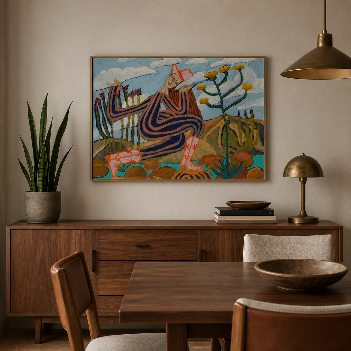 Colorful Southwestern figurative wall art with a seated striped figure, cactus plants and desert flowers above a sofa.