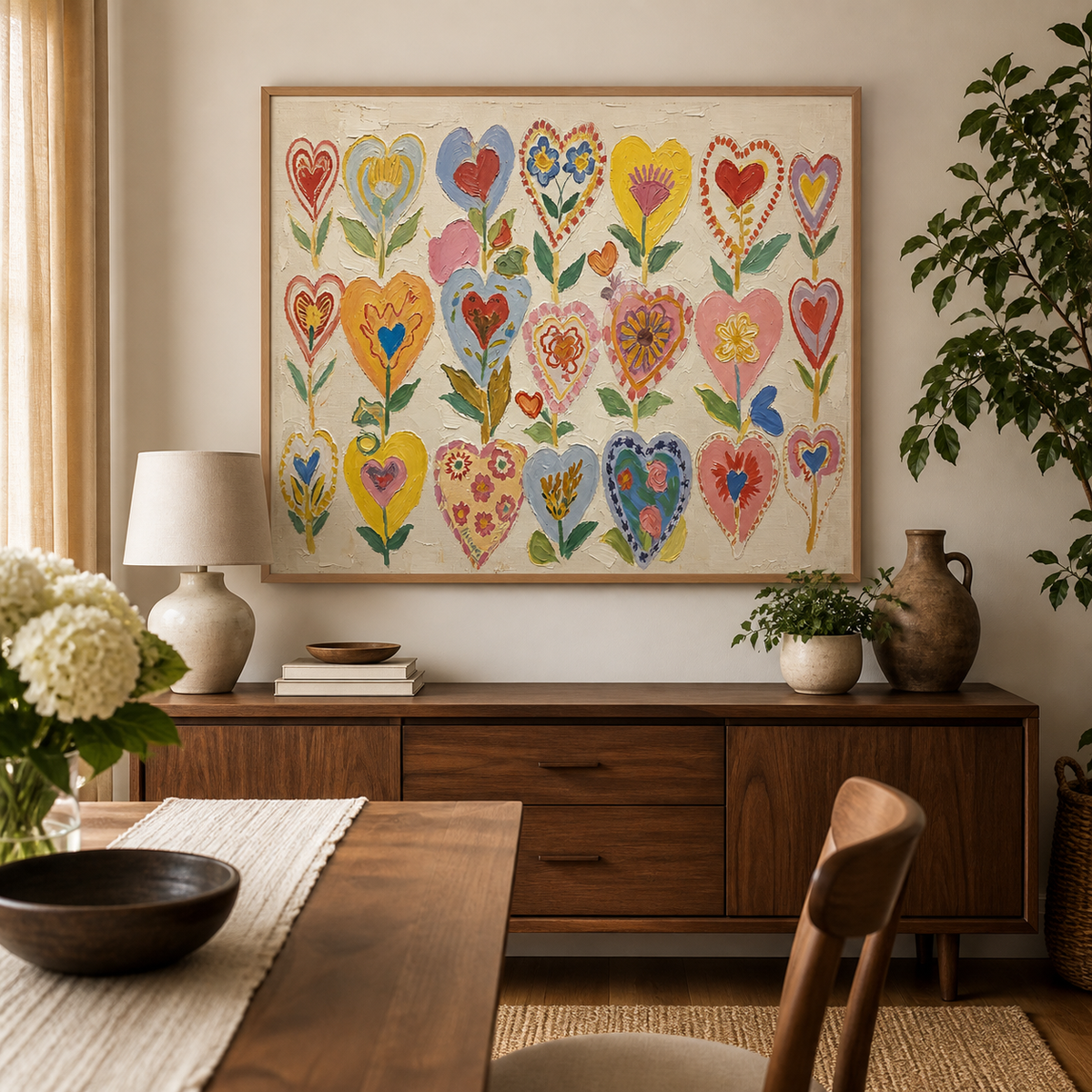 Colorful heart flower wall art with whimsical red, blue, yellow and pink blossoms displayed above a neutral sofa.