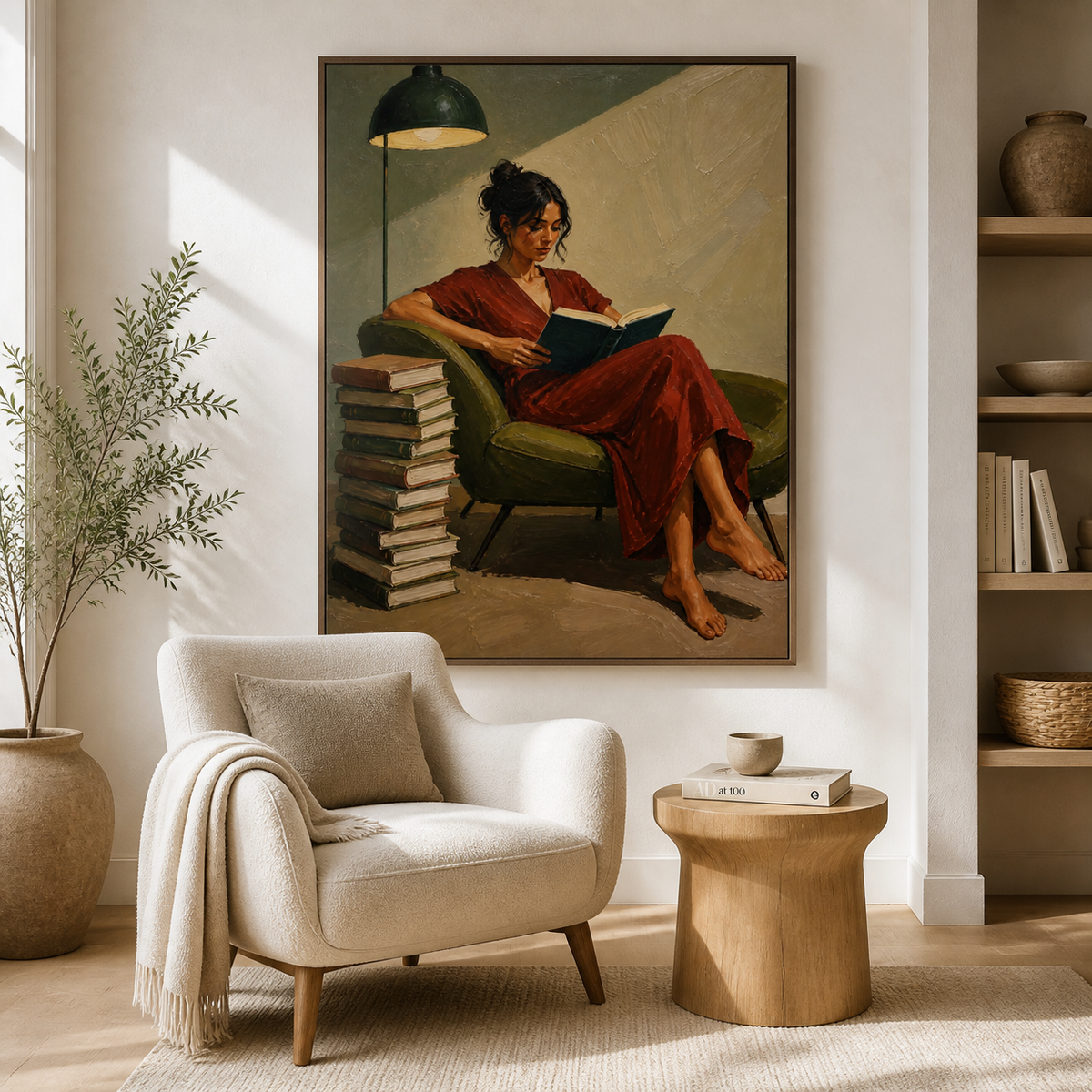 Woman reading wall art featuring a barefoot reader in a brick-red dress seated in an olive armchair beside a tall stack of books.