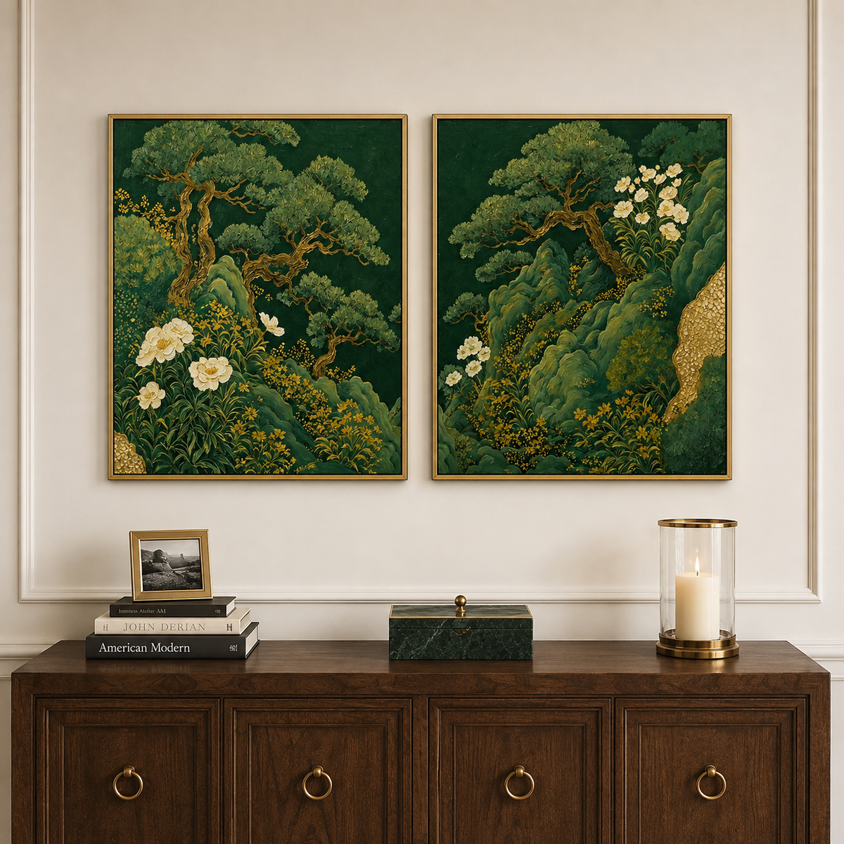 Green Botanical Wall Art Set | Emerald Garden Diptych