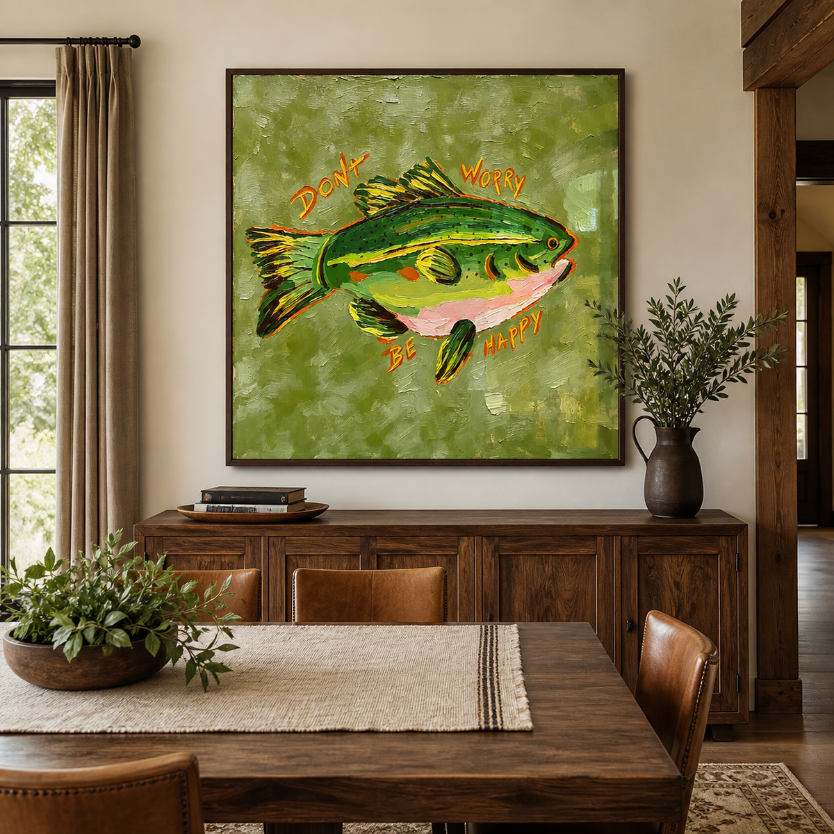 Green fish wall art with orange Don’t Worry Be Happy lettering displayed above a brown leather sofa.