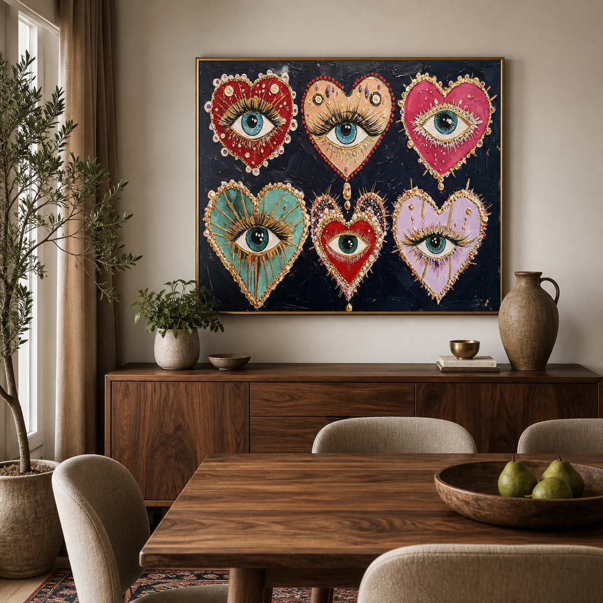 Colorful evil eye wall art with six jeweled heart motifs displayed above a neutral living room sofa.