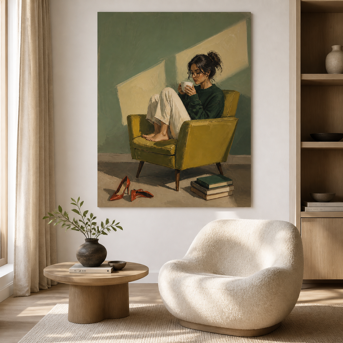 Woman drinking coffee wall art featuring a barefoot figure in glasses curled up in a mustard yellow chair beside red heels and stacked books.