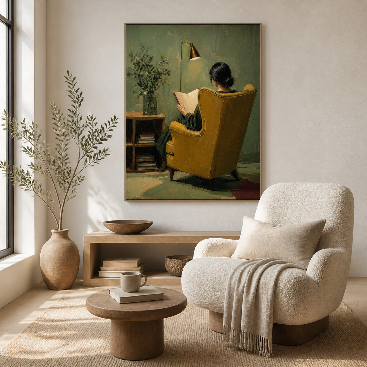 Woman reading wall art showing the back view of a reader in a mustard yellow chair beneath a brass lamp against an olive green wall.