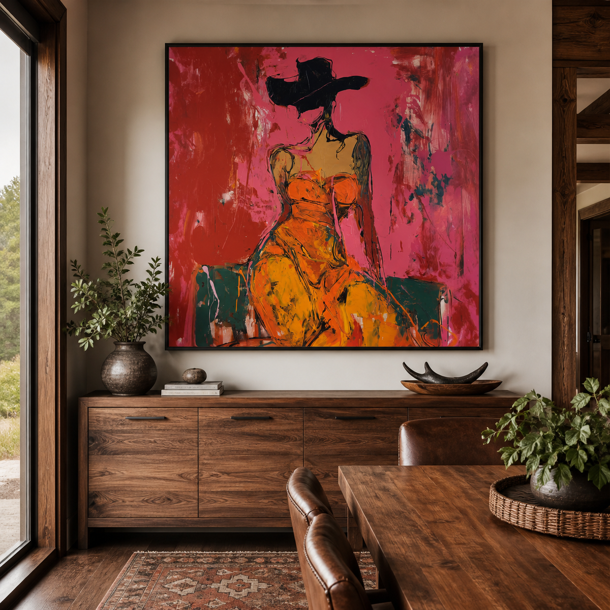 Square cowgirl wall art with a seated woman in a black Western hat and orange dress displayed above an entryway console.