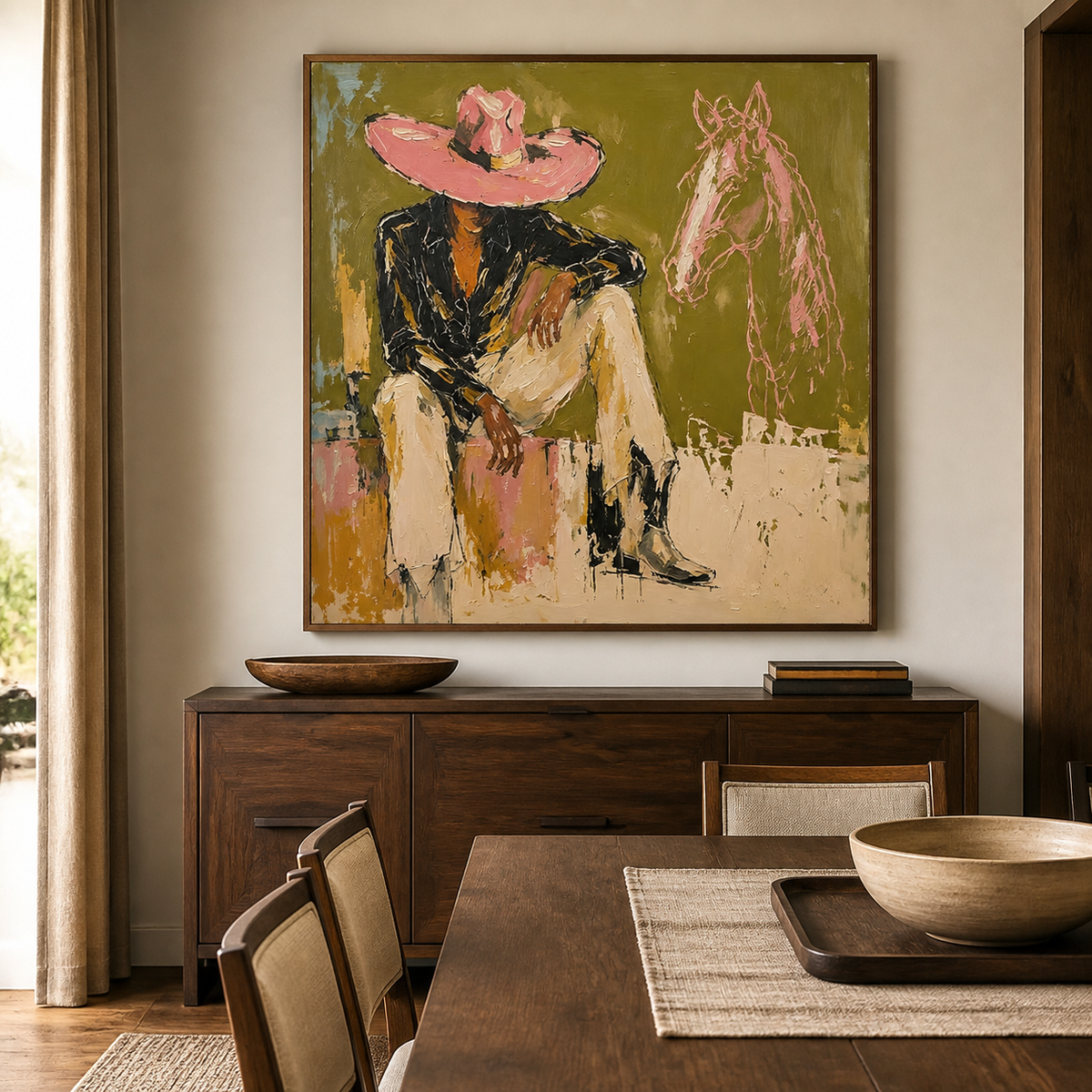 Square Western wall art featuring a seated cowboy in a pink hat beside a horse on an olive green background above a dark wood dining-room cabinet