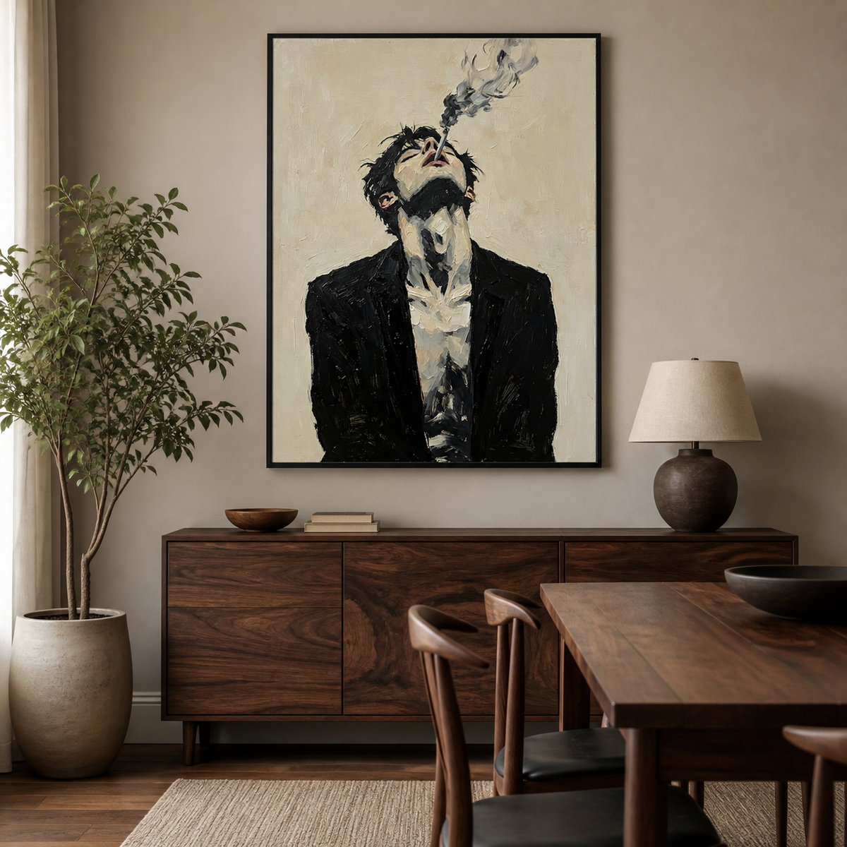 Moody man portrait wall art showing a dark-suited figure exhaling smoke displayed above a neutral sofa.