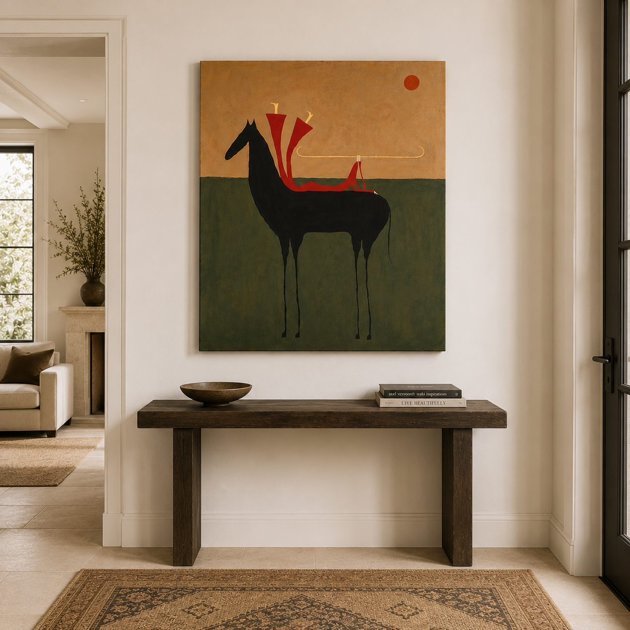 Crimson Saddle | Hand-Painted Minimalist Horse Wall Art | Contemporary Western Equestrian Oil Painting
