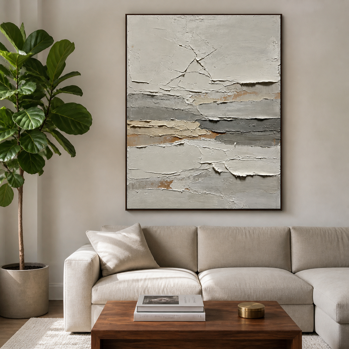 Vertical neutral textured wall art with layered white, beige and gray abstract bands displayed above a modern bedroom.