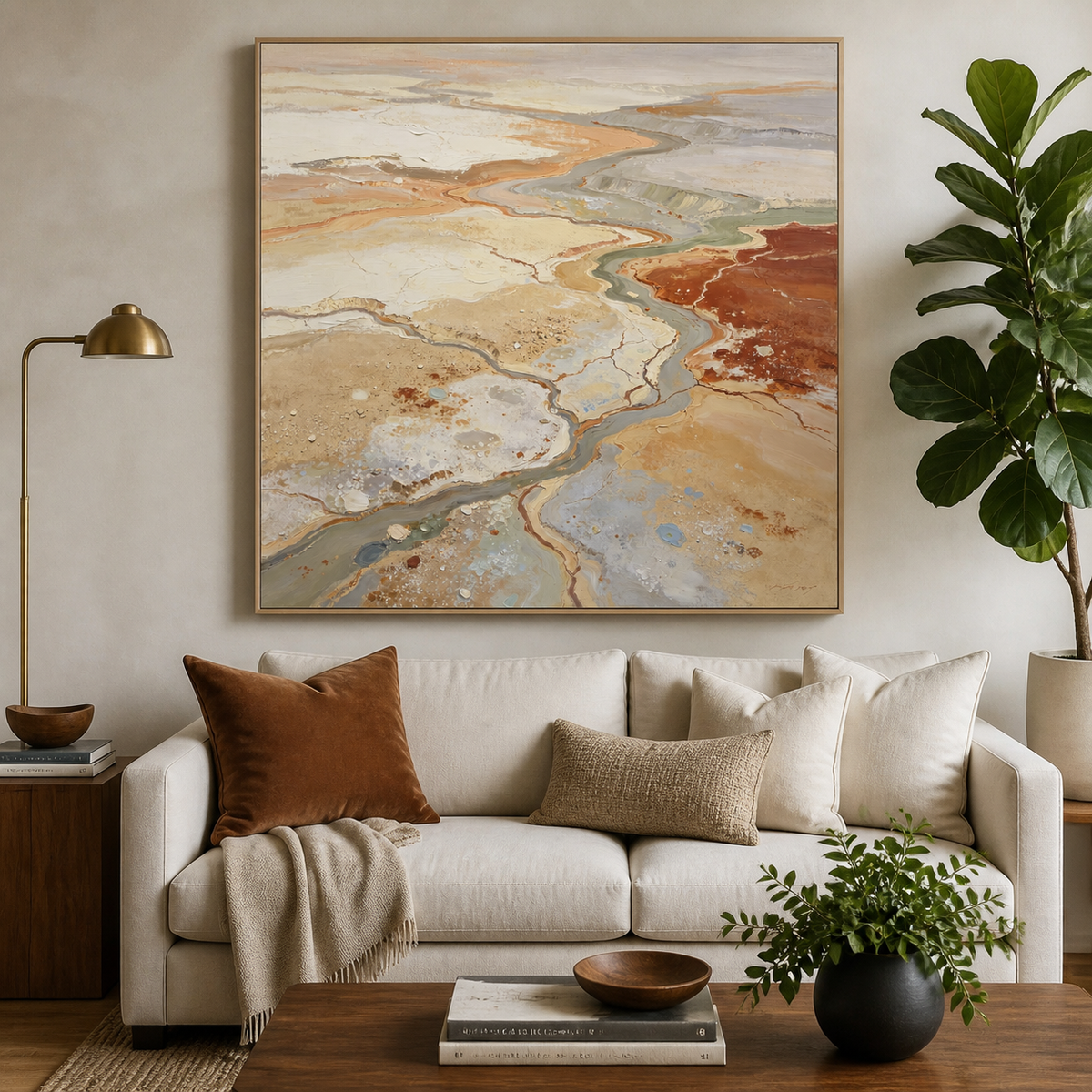 Square neutral textured wall art with winding abstract river channels in beige, terracotta, gray and sage displayed above a dining table.