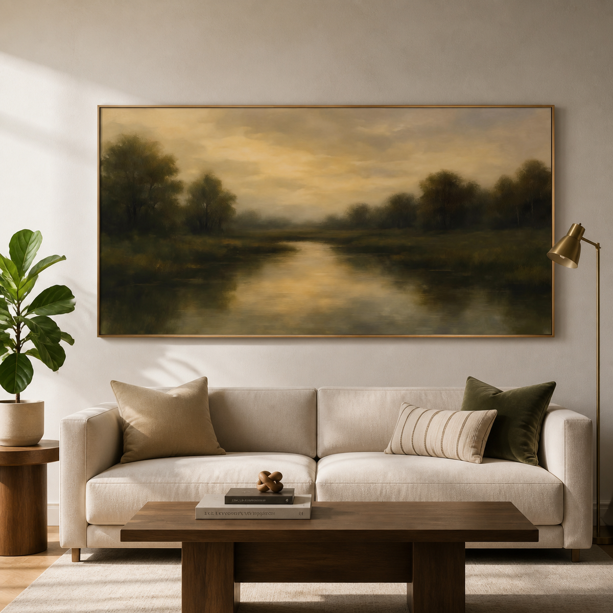 Panoramic moody river landscape wall art with dark green trees and golden reflections displayed above a neutral living room sofa.
