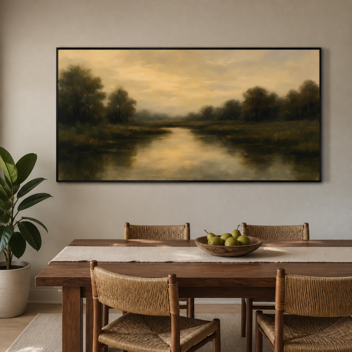 Panoramic moody river landscape wall art with dark green trees and golden reflections displayed above a neutral living room sofa.