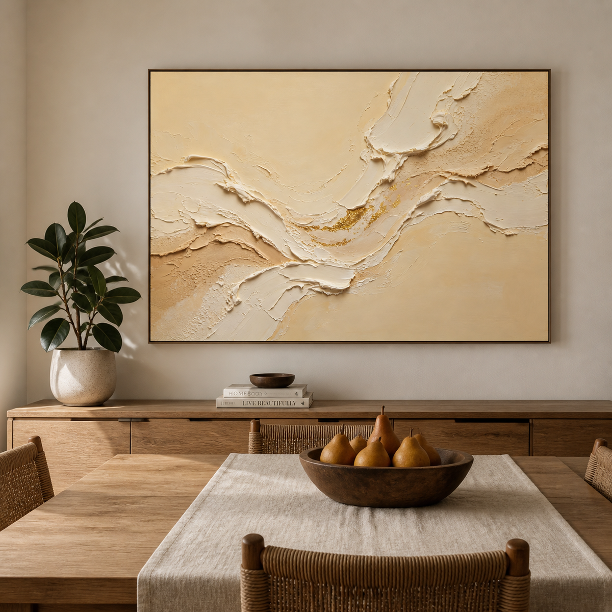 Wide neutral textured wall art with layered ivory and beige wave forms and gold accents displayed above a living room sofa.