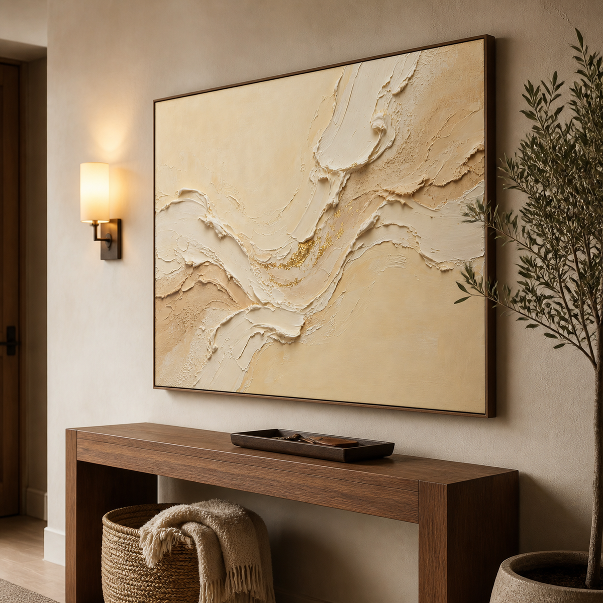Wide neutral textured wall art with layered ivory and beige wave forms and gold accents displayed above a living room sofa.