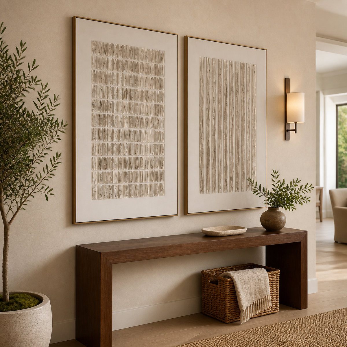 Neutral Textured Wall Art Set of 2 – Ivory White Geometric Diptych